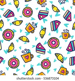Doodles cute seamless pattern. Color vector background. Illustration with coffee, muffins and donuts. Design for T-shirt, textile and prints.