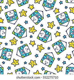 Doodles cute seamless pattern. Color vector background. Illustration with rabbit and stars. Design for T-shirt, textile and prints.