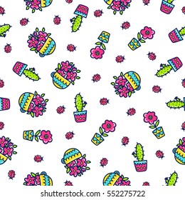 Doodles cute seamless pattern. Color vector background. Illustration with flowers and ladybug. Design for T-shirt, textile and prints.