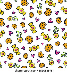 Doodles cute seamless pattern. Color vector background. Illustration with sweets, cookies and coffee. Design for T-shirt, textile and prints.