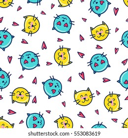 Doodles cute seamless pattern. Color vector background. Illustration with cats and hearts. Design for T-shirt, textile and prints. Valentine's day theme