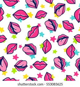 Doodles cute seamless pattern. Color vector background. Illustration with lips and stars. Design for T-shirt, textile and prints.