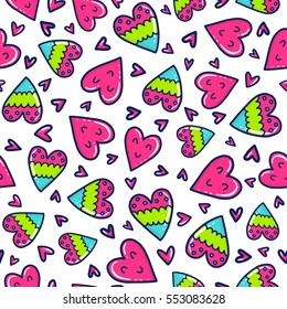 Doodles cute seamless pattern. Color vector background. Illustration with hearts. Design for T-shirt, textile and prints. Valentine's day theme.