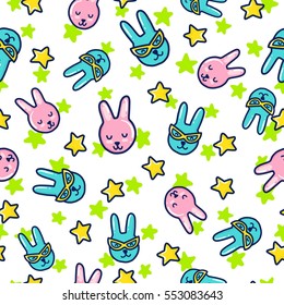 Doodles cute seamless pattern. Color vector background. Illustration with rabbit and stars. Design for T-shirt, textile and prints.