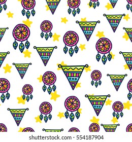 Doodles cute seamless pattern. Color vector background. Illustration with dreamcatcher and flags. Design for T-shirt, textile and prints. 