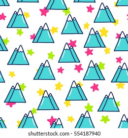 Doodles cute seamless pattern. Color vector background. Illustration with mountains. Design for T-shirt, textile and prints. 