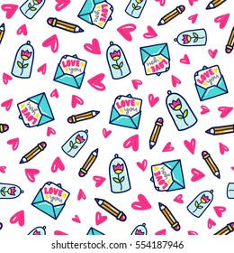 Doodles cute seamless pattern. Color vector background. Illustration with love letter, pencil and flower. Design for T-shirt, textile and prints. Valentine's day theme