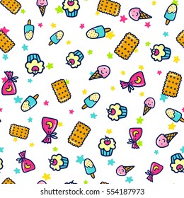 Doodles Cute Seamless Pattern Color Vector Background Illustration With Sweets And Ice Cream