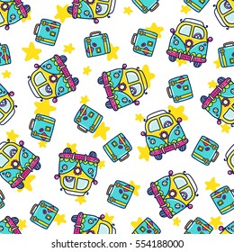 Doodles cute seamless pattern. Color vector background. Illustration with bus and suitcase. Design for T-shirt, textile and prints. 