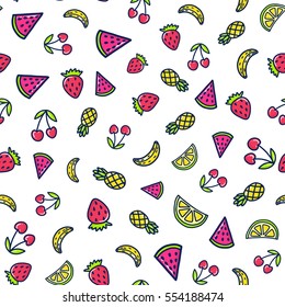 Doodles cute seamless pattern. Color vector background. Illustration with fruits and berries. Design for T-shirt, textile and prints. 