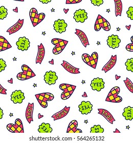 Doodles cute seamless pattern. Color vector background. Illustration with hearts. Design for t-shirt, textile and prints. Valentine's day theme.