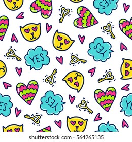 Doodles cute seamless pattern. Color vector background. Illustration with hearts and cats. Design for t-shirt, textile and prints. Valentine's day theme.