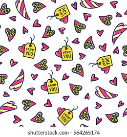 Doodles cute seamless pattern. Color vector background. Illustration with hearts. Design for t-shirt, textile and prints. Valentine's day theme.