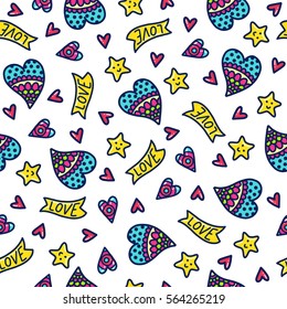 Doodles cute seamless pattern. Color vector background. Illustration with hearts. Design for t-shirt, textile and prints. Valentine's day theme.