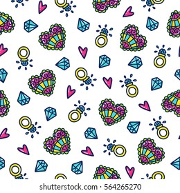 Doodles cute seamless pattern. Color vector background. Illustration with hearts and ring. Design for t-shirt, textile and prints. Valentine's day theme.