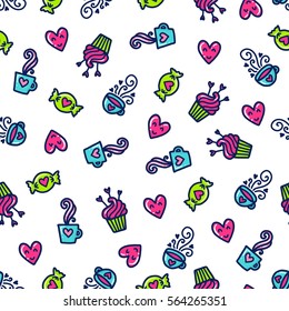 Doodles cute seamless pattern. Color vector background. Illustration with hearts, sweets and coffee. Design for t-shirt, textile and prints. Valentine's day theme.