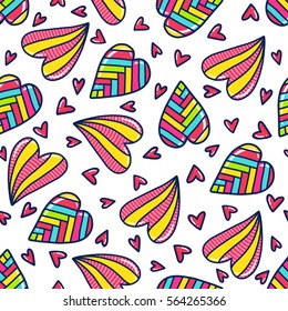 Doodles cute seamless pattern. Color vector background. Illustration with hearts. Design for t-shirt, textile and prints. Valentine's day theme.