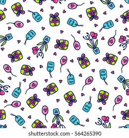 Doodles cute seamless pattern. Color vector background. Illustration with hearts, flowers and gift. Design for t-shirt, textile and prints. Valentine's day theme.