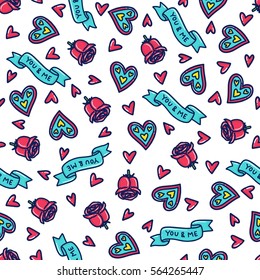 Doodles cute seamless pattern. Color vector background. Illustration with hearts and roses. Design for t-shirt, textile and prints. Valentine's day theme.