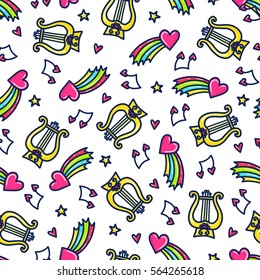 Doodles cute seamless pattern. Color vector background. Illustration with hearts and harp. Design for t-shirt, textile and prints. Valentine's day theme.