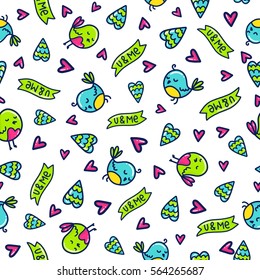 Doodles cute seamless pattern. Color vector background. Illustration with hearts and birds. Design for t-shirt, textile and prints. Valentine's day theme.