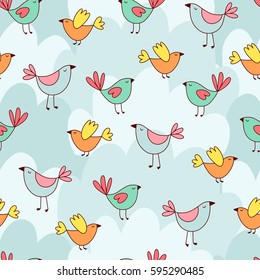 Doodles cute seamless pattern. Color vector background, spring theme. Illustration with birds and clouds. Design for T-shirt, textile and prints.