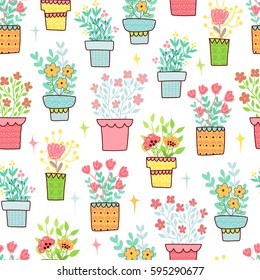 Doodles cute seamless pattern. Color vector background, spring theme. Illustration with pots, leaves and flowers. Design for T-shirt, textile and prints.
