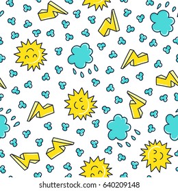 Doodles Cute Seamless Pattern Color Vector Background Illustration With Sun And Clouds Design