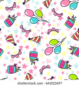 Doodles cute seamless pattern. Color vector background. Illustration with balloons and lemonade. Design for T-shirt, textile and prints.