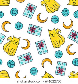 Doodles cute seamless pattern. Color vector background. Illustration with cat, gift and moon. Design for T-shirt, textile and prints.