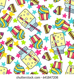 Doodles cute seamless pattern. Color vector background. Illustration with lemonade and cupcakes. Design for T-shirt, textile and prints.