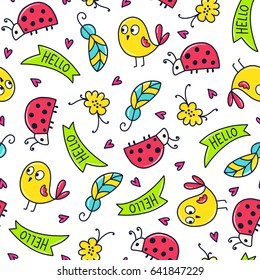 Doodles cute seamless pattern. Color vector background. Illustration with bird, feather and ladybug. Design for T-shirt, textile and prints.
