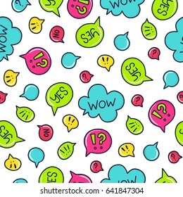 Doodles cute seamless pattern. Color vector background. Illustration with clouds and bubbles with text. Design for T-shirt, textile and prints.