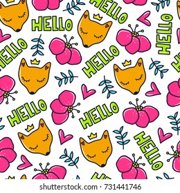 Doodles cute seamless pattern. Color vector background. Illustration with fox, flower and lettering. Design for T-shirt, textile and prints.
