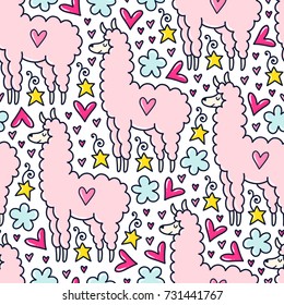 Doodles cute seamless pattern. Color vector background. Illustration with lama, hearts, clouds and stars. Design for T-shirt, textile and prints.