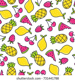 Doodles cute seamless pattern. Color vector background. Illustration with berries, lemon, pineapple and watermelon. Design for T-shirt, textile and prints.