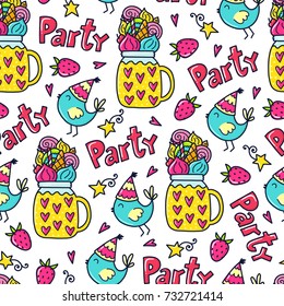 Doodles cute seamless pattern. Color vector background. Illustration with bird, lemonade, sweet and lettering. Design for T-shirt, textile and prints.