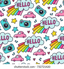 Doodles cute seamless pattern. Color vector background. Illustration with camera, rainbow and car. Design for T-shirt, textile and prints.