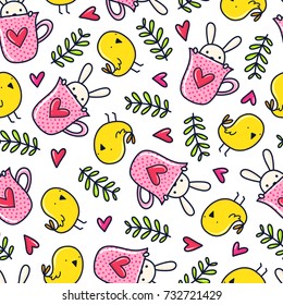 Doodles cute seamless pattern. Color vector background. Illustration with bird, bunny, mug and branch. Design for T-shirt, textile and prints.
