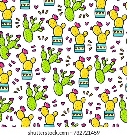 Doodles cute seamless pattern. Color vector background. Illustration with cactus and hearts. Design for T-shirt, textile and prints.