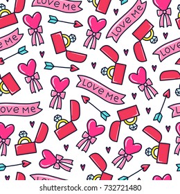 Doodles cute seamless pattern. Color vector background. Illustration with ring, heart, arrow and ribbon. Design for T-shirt, textile and prints. Valentines day