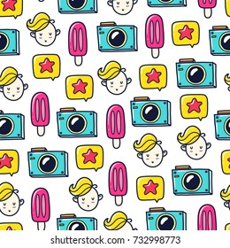 Doodles cute seamless pattern. Color vector background. Illustration with human, star, ice cream and camera. Design for T-shirt, textile and prints.