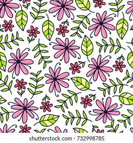 Doodles cute seamless pattern. Color vector background. Illustration with flower, leaf and branch. Design for T-shirt, textile and prints.