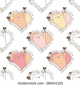 Doodles cute seamless pattern. Elegant vector background. Illustration with hearts and cats. Design for t-shirt, textile and prints. Romantic theme.