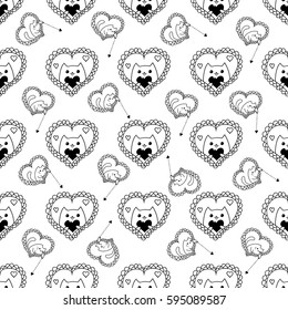 Doodles cute seamless pattern. Illustration with hearts and cats. Design for t-shirt, textile and prints. Romantic theme.