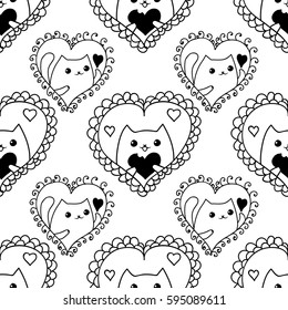 Doodles cute seamless pattern. Illustration with hearts and cats. Design for t-shirt, textile and prints. Romantic theme.