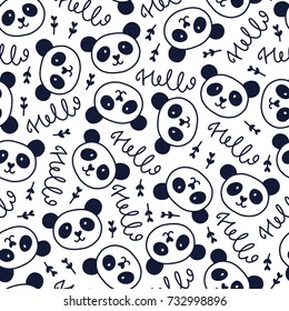 Doodles cute seamless pattern. Monochrom vector background. Illustration with panda and lettering. Design for T-shirt, textile and prints.