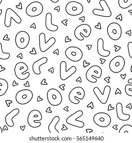 Doodles cute seamless pattern. Monochrome vector background. Illustration with hearts and letters. Design for t-shirt, textile and prints. Valentine's day theme.