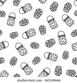 Doodles cute seamless pattern. Monochrome vector background. Illustration with hearts and stars. Design for t-shirt, textile and prints. Valentine's day theme.