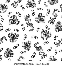 Doodles cute seamless pattern. Monochrome vector background. Illustration with hearts and letters. Design for t-shirt, textile and prints. Valentine's day theme.
